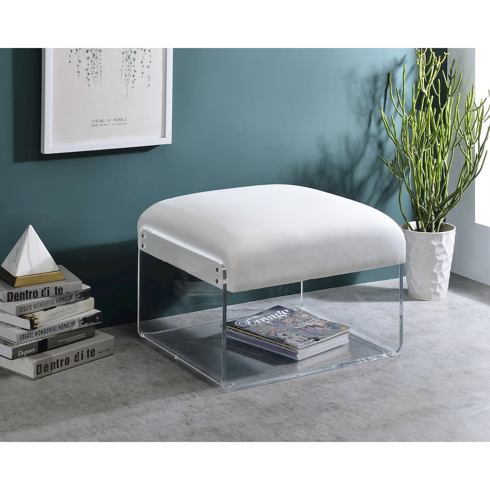 White Lucite Acrylic Padded Square Ottoman Bench Seat. Picture 3