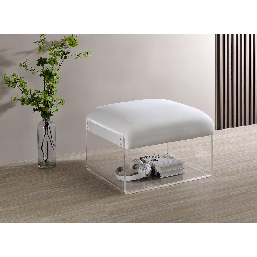 White Lucite Acrylic Padded Square Ottoman Bench Seat. Picture 4