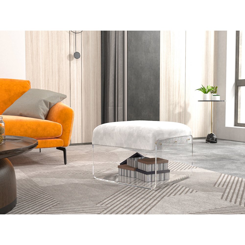 White Lucite Acrylic Padded Square Ottoman Bench Seat. Picture 5