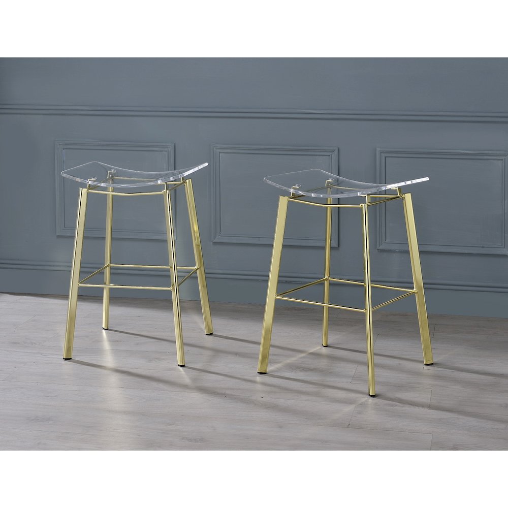 Gold Lucite Acrylic Bar Stools Gold Frame Set of 2. Picture 3