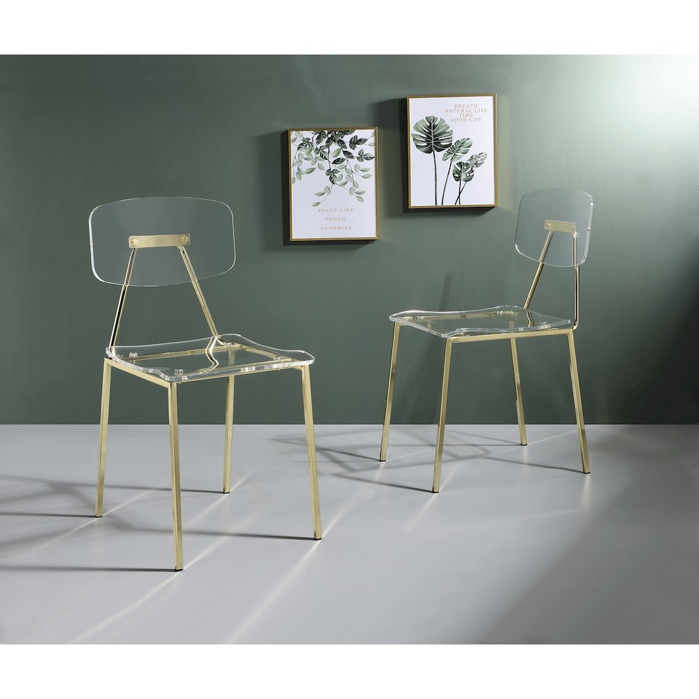 Gold Lucite Acrylic Clear Ghost Dining Chair Set of 2. Picture 2