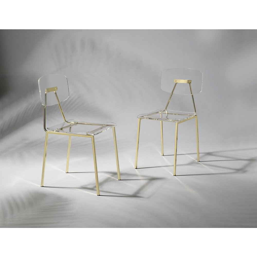Gold Lucite Acrylic Clear Ghost Dining Chair Set of 2. Picture 3
