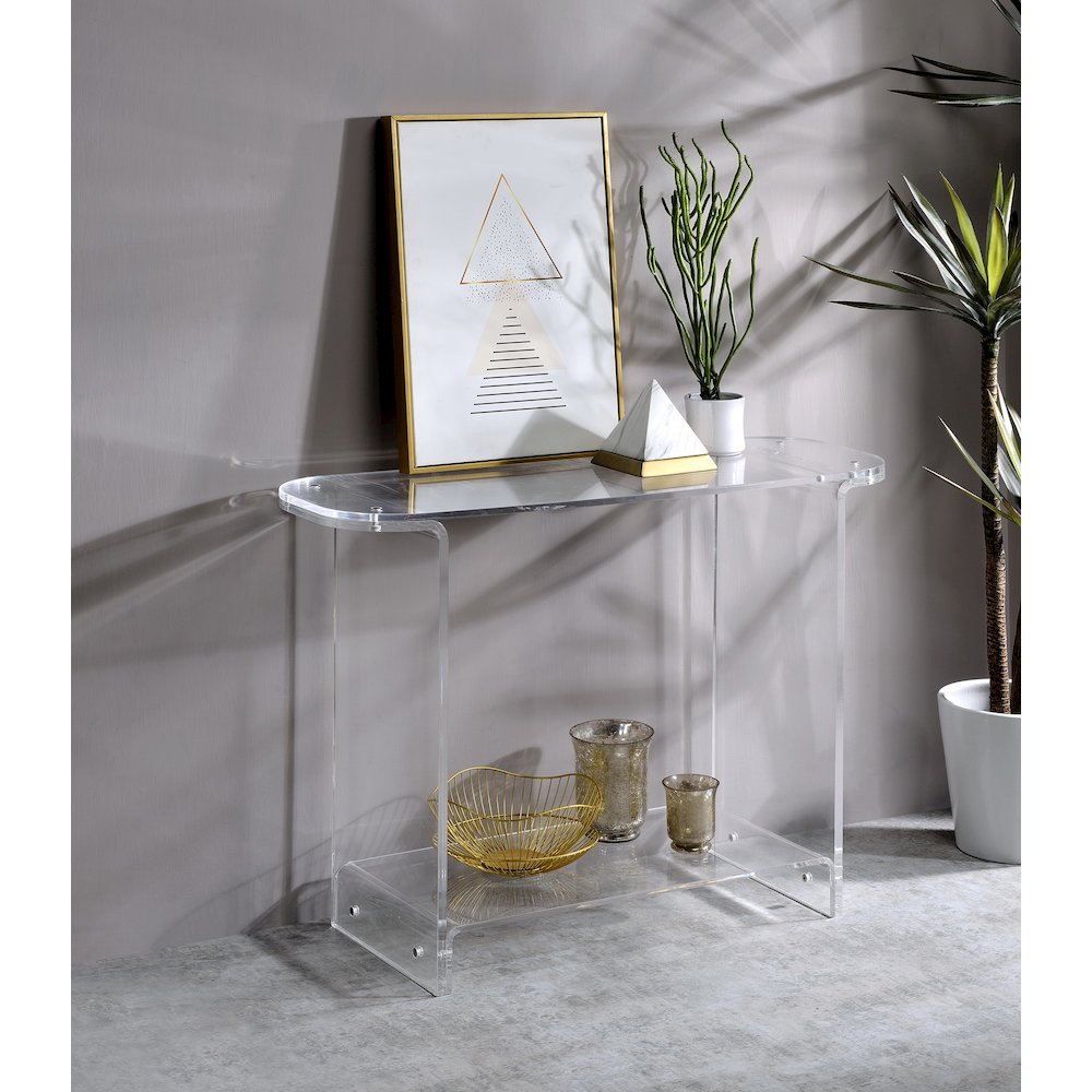 Clear Lucite Acrylic Console Table with Open Shelf. Picture 3