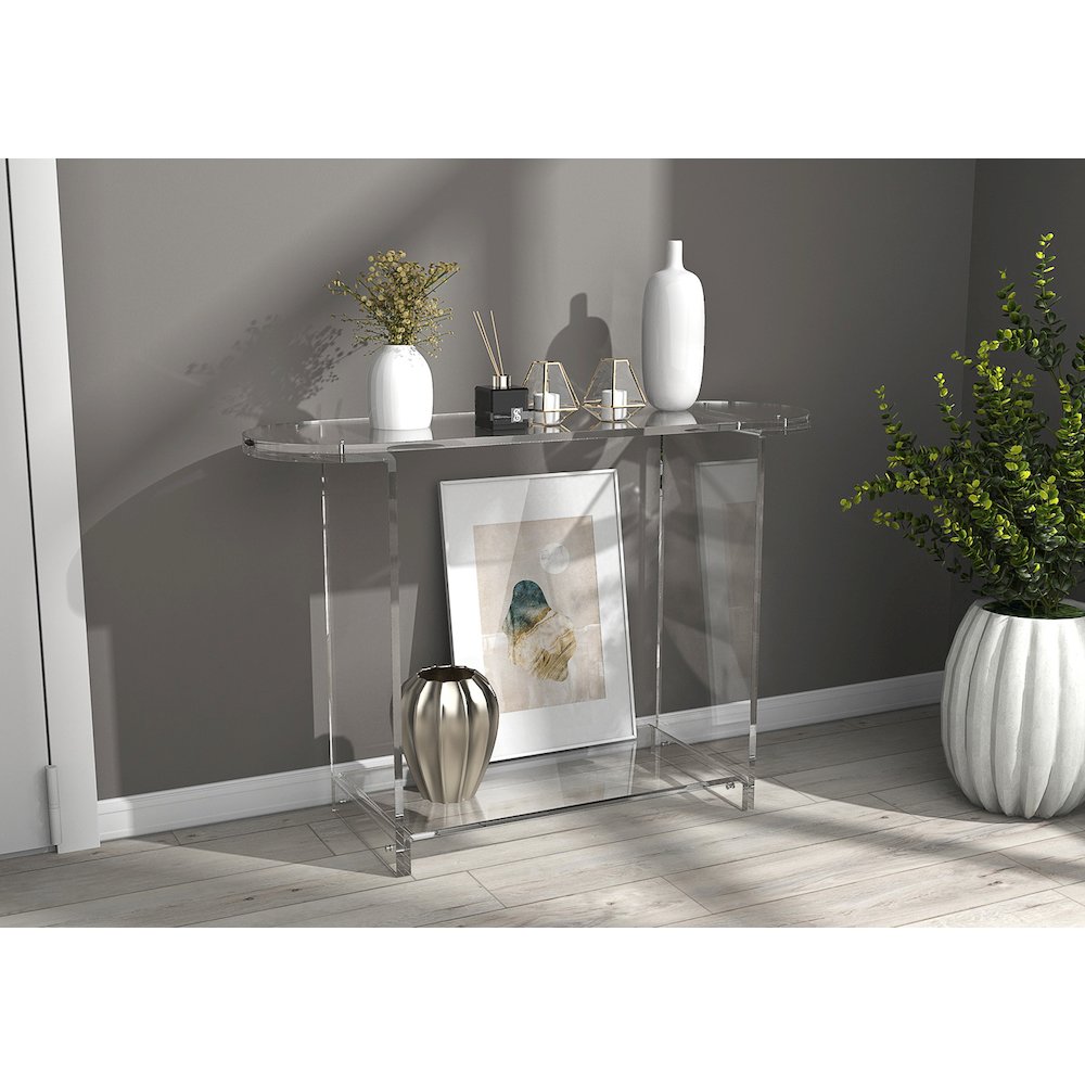 Clear Lucite Acrylic Console Table with Open Shelf. Picture 4