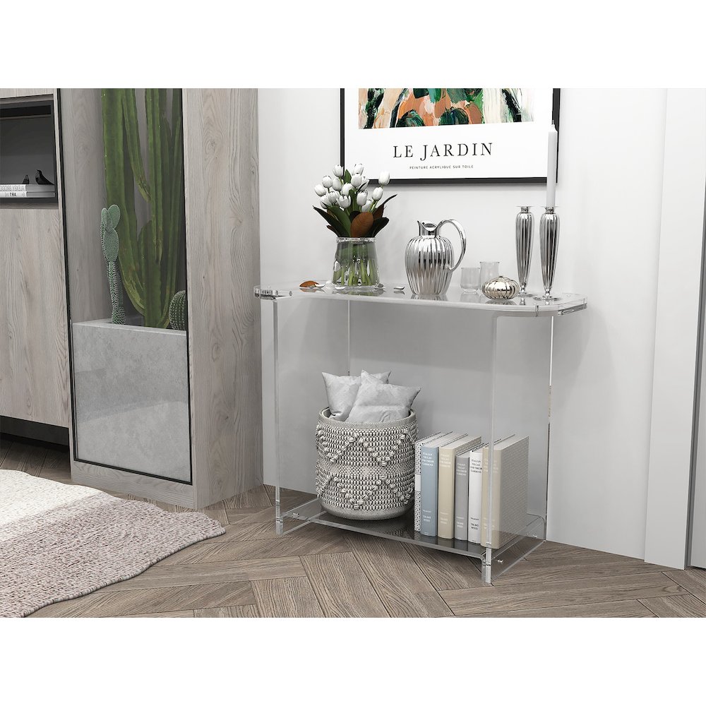 Clear Lucite Acrylic Console Table with Open Shelf. Picture 5