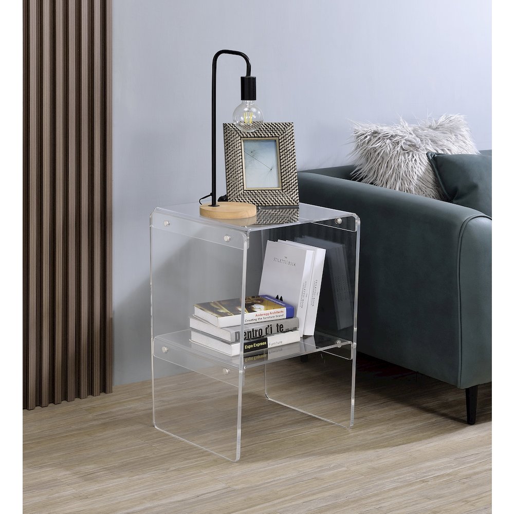 Clear Lucite Acrylic Two-Tier End Table Storage Shelf. Picture 4