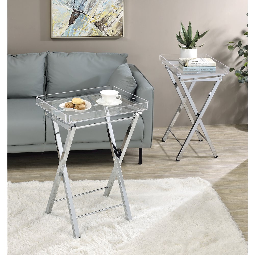 Clear Chrome Lucite Acrylic Folding End Table Set of 2. Picture 2