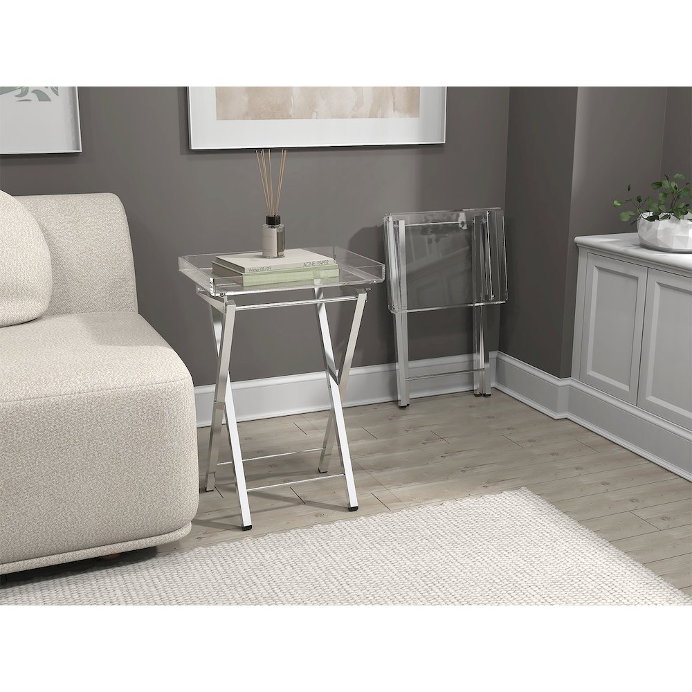 Clear Chrome Lucite Acrylic Folding End Table Set of 2. Picture 4