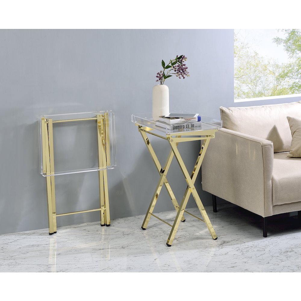 Gold Lucite Acrylic Folding End Table Glam Set of 2. Picture 2