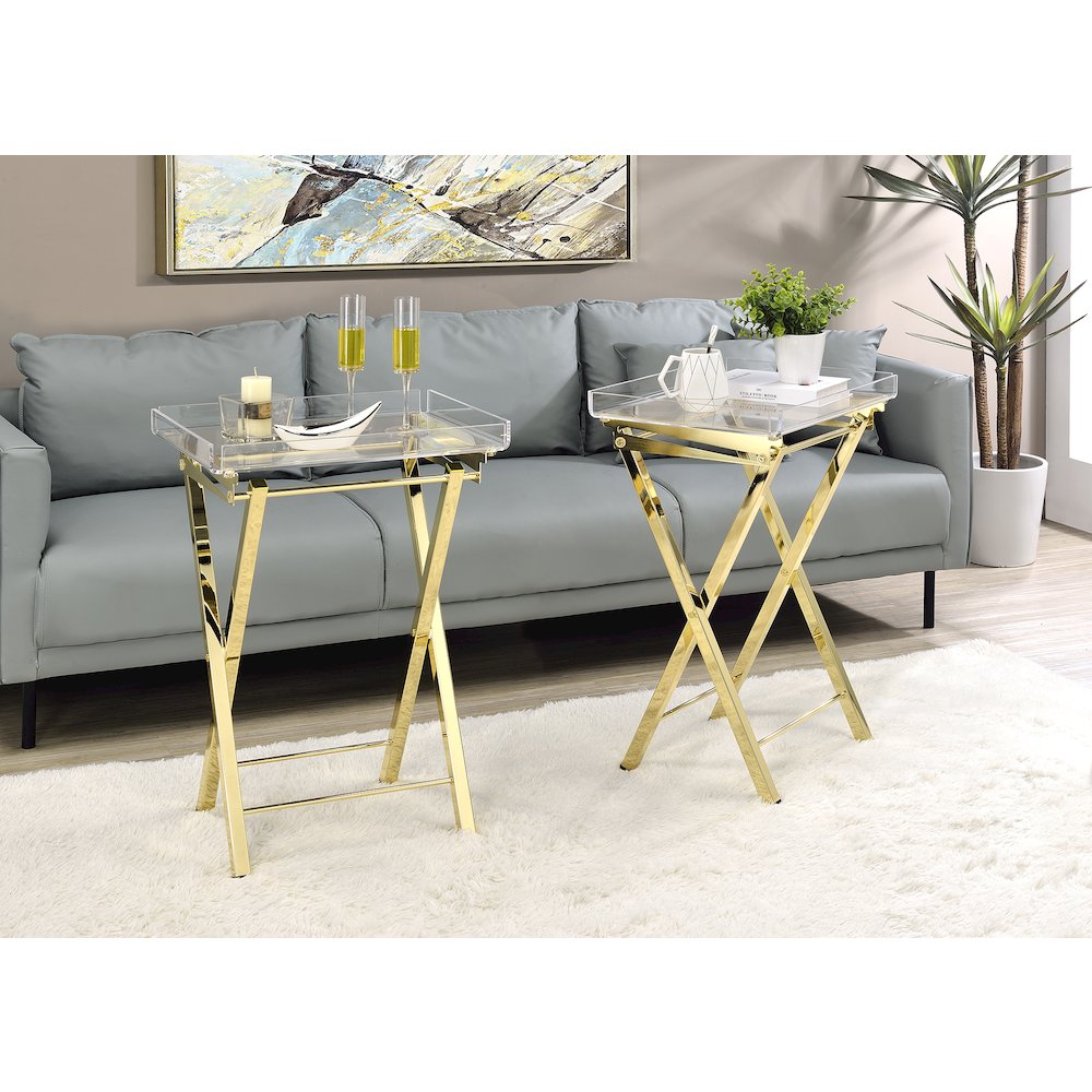 Gold Lucite Acrylic Folding End Table Glam Set of 2. Picture 3