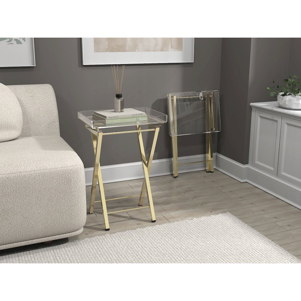 Gold Lucite Acrylic Folding End Table Glam Set of 2. Picture 4