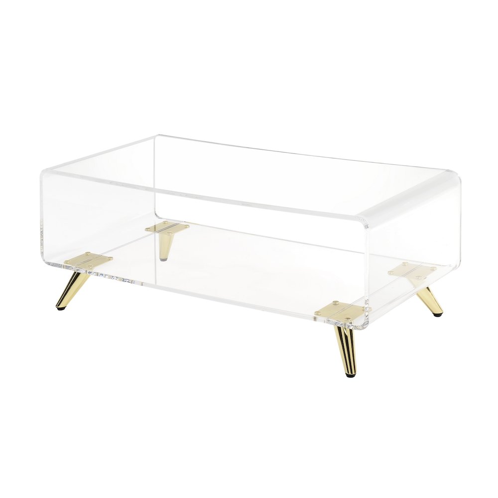 Gold Lucite Acrylic Two-Tier Coffee Table Metal Frame. Picture 1