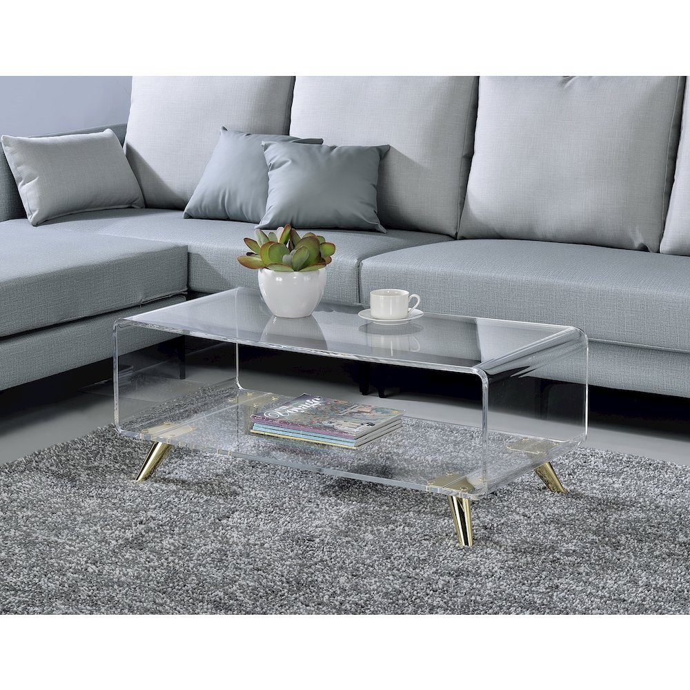 Gold Lucite Acrylic Two-Tier Coffee Table Metal Frame. Picture 2