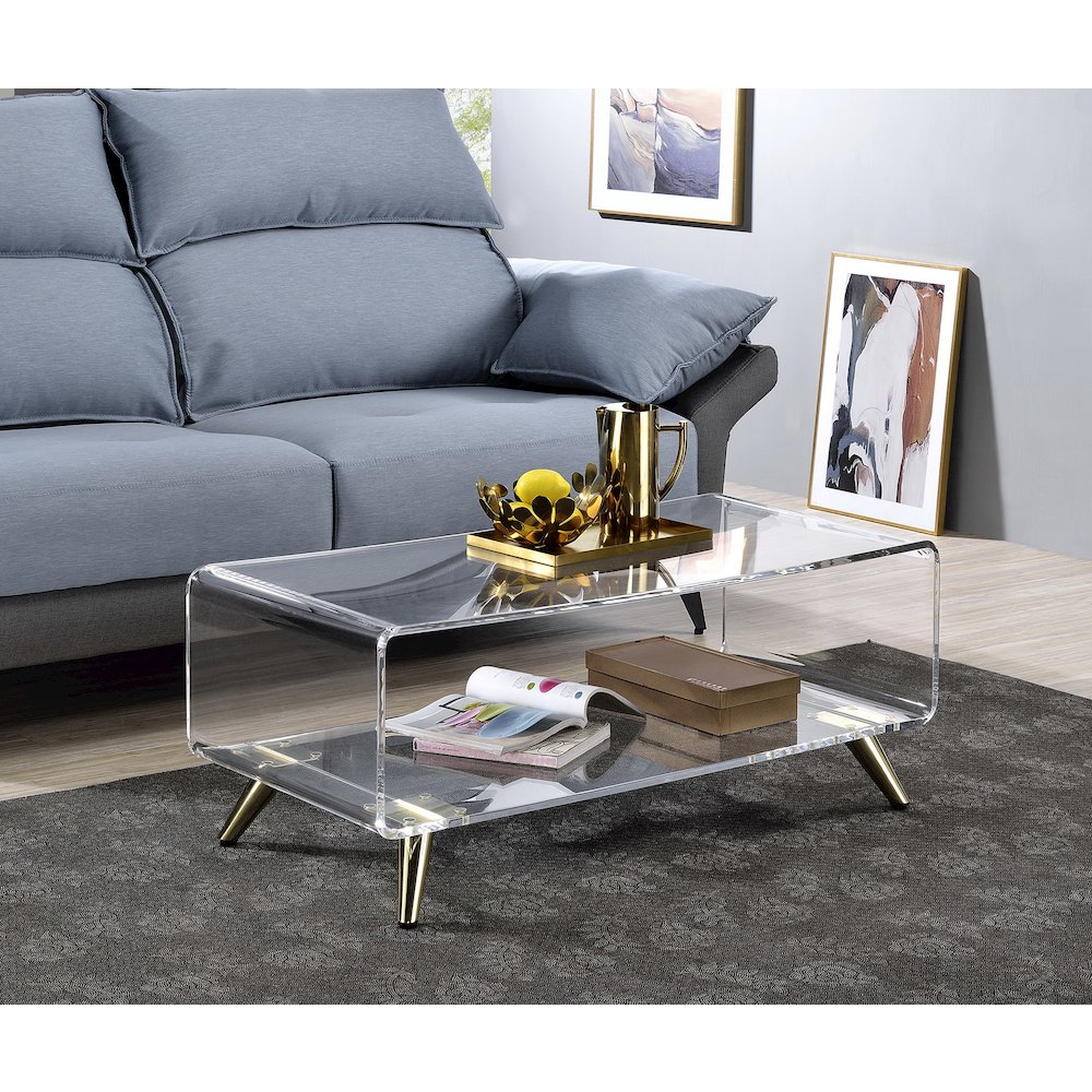 Gold Lucite Acrylic Two-Tier Coffee Table Metal Frame. Picture 3