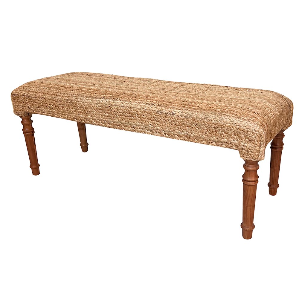 Brown Braided Jute Natural Bench Wooden Frame Legs. Picture 1