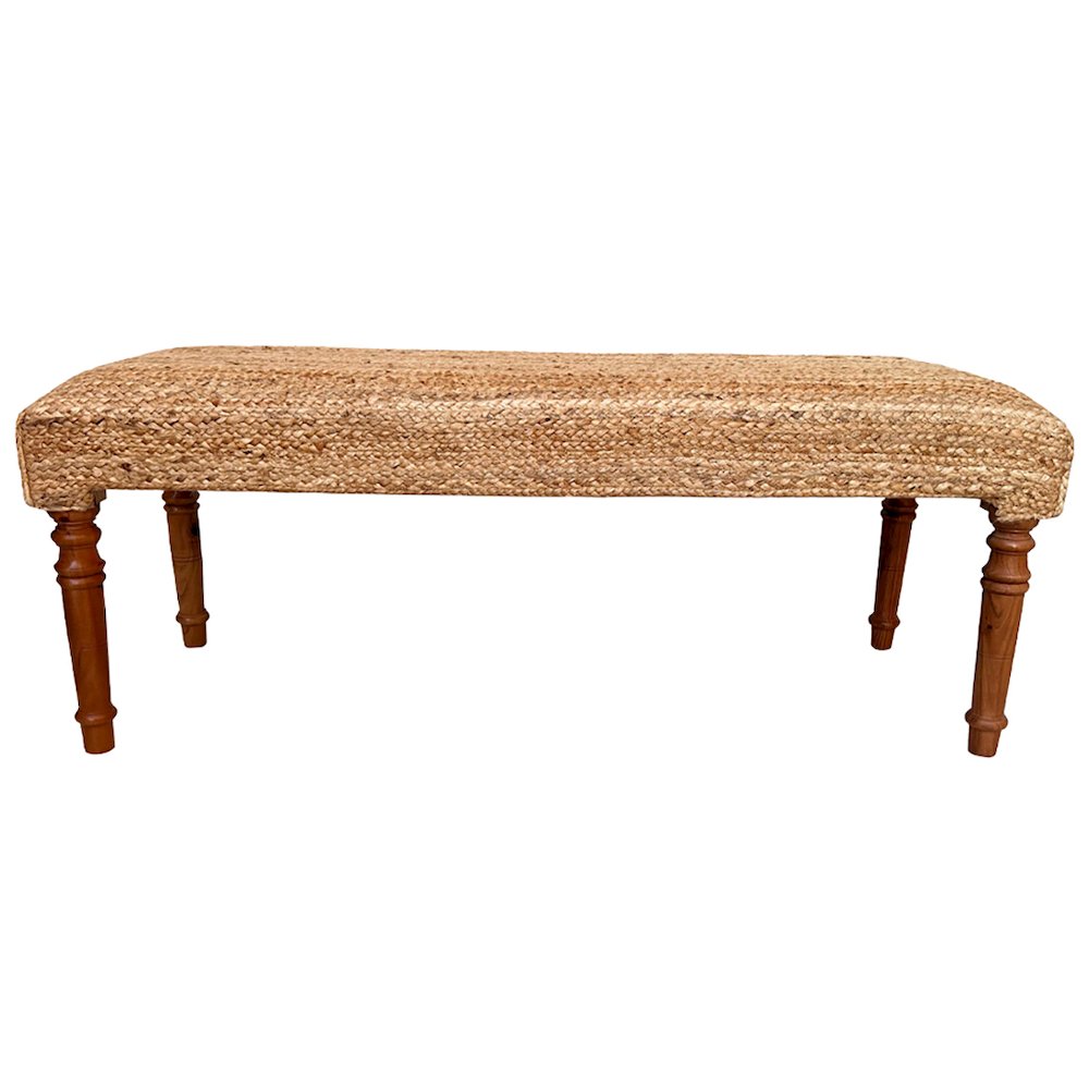Brown Braided Jute Natural Bench Wooden Frame Legs. Picture 2