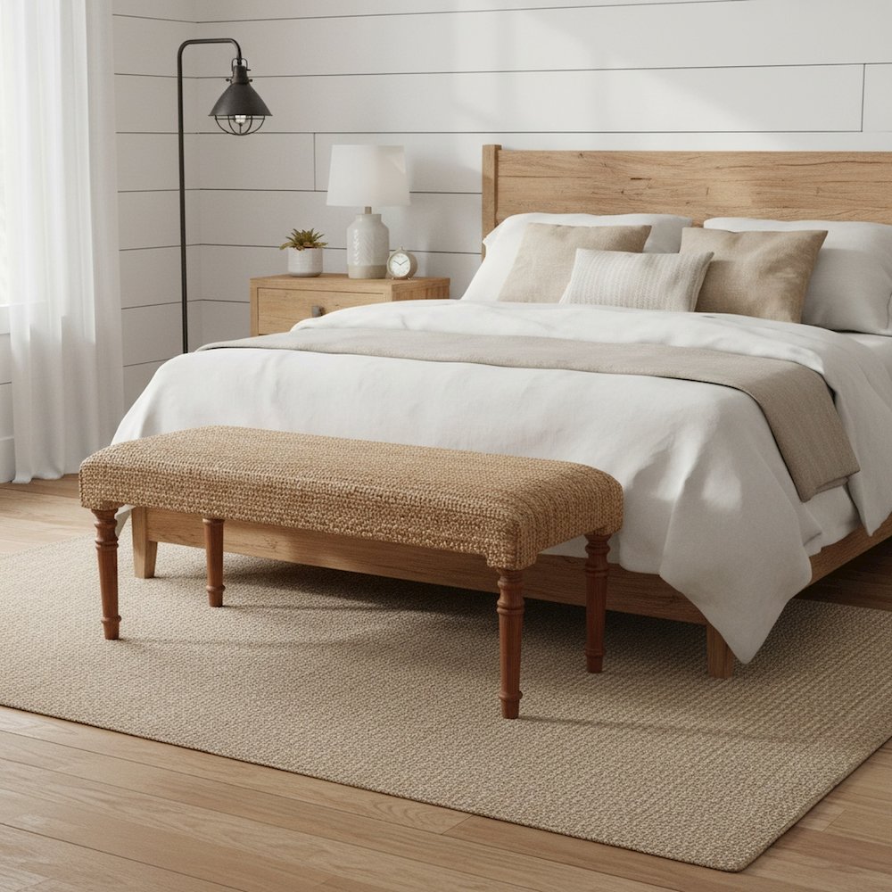 Brown Braided Jute Natural Bench Wooden Frame Legs. Picture 3