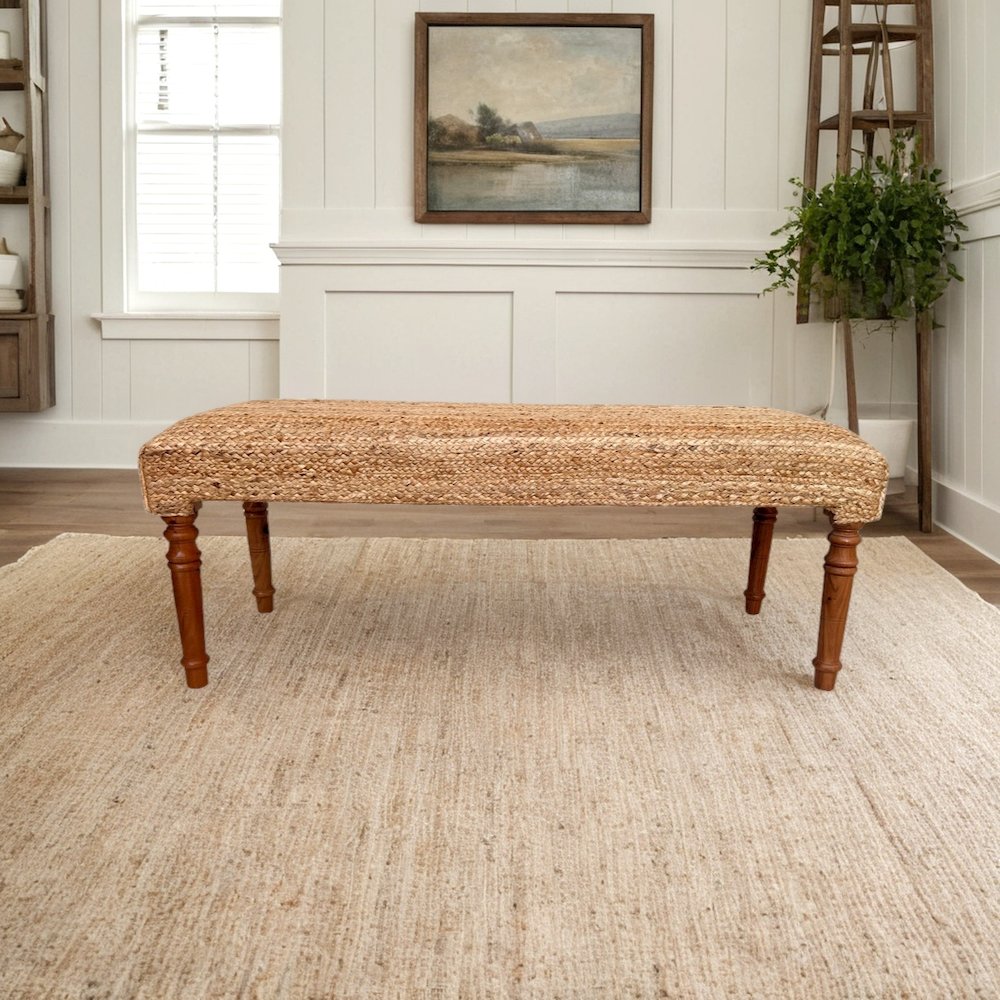 Brown Braided Jute Natural Bench Wooden Frame Legs. Picture 5