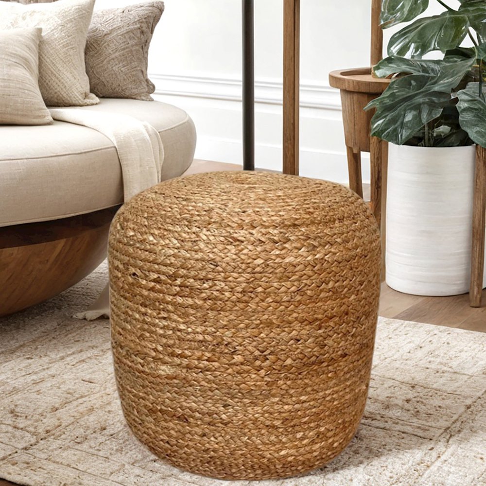 Brown Braided Jute Round Natural Pouf Floor Seat Decor. Picture 2