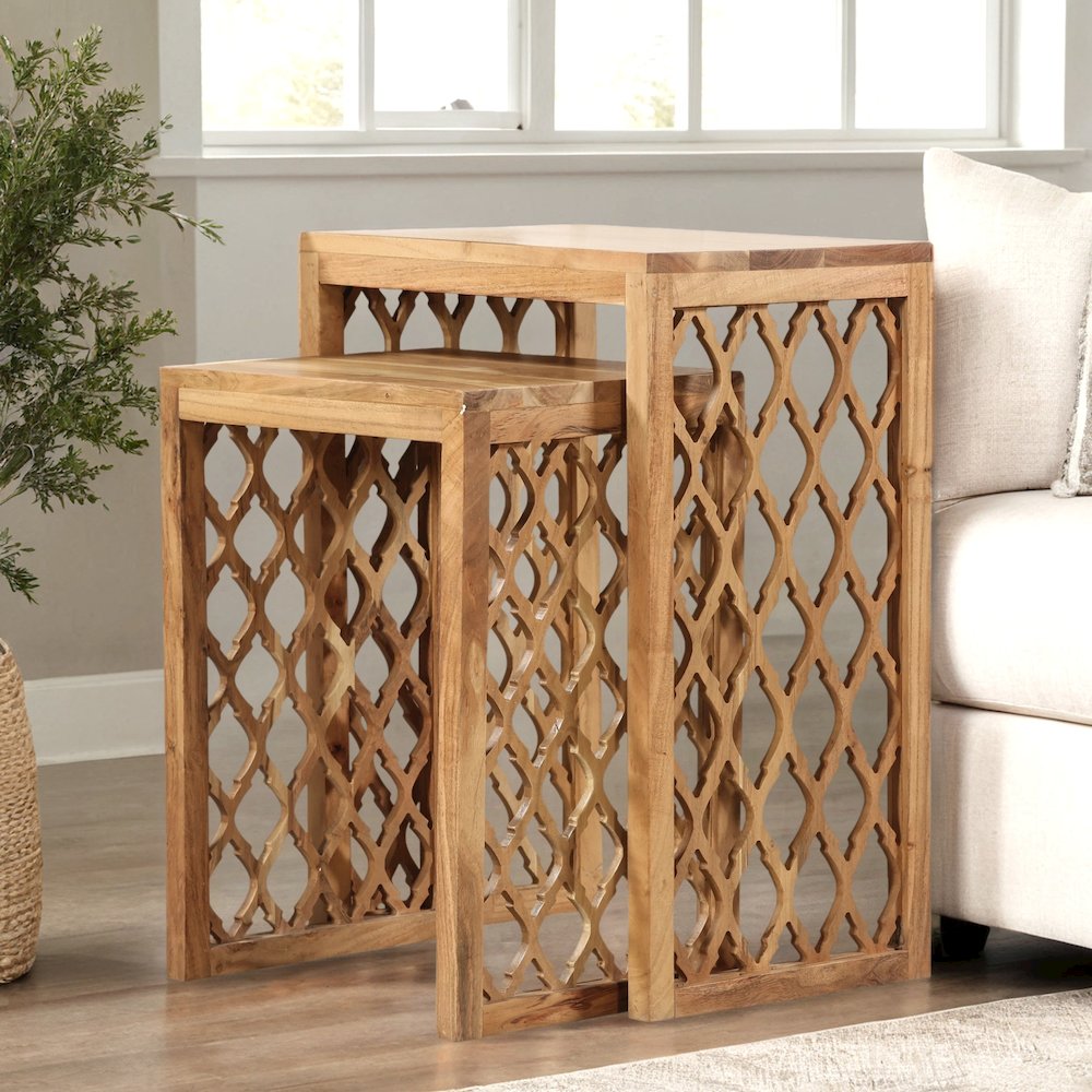 Brown Solid Acacia Wood Nesting Side Tables Set of 2. Picture 4