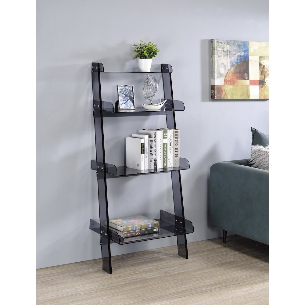 Black Smoked Lucite Acrylic 4-Tier Tall Modern Bookshelf. Picture 3