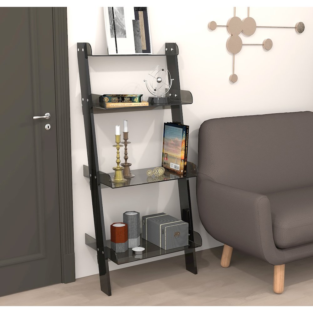 Black Smoked Lucite Acrylic 4-Tier Tall Modern Bookshelf. Picture 4