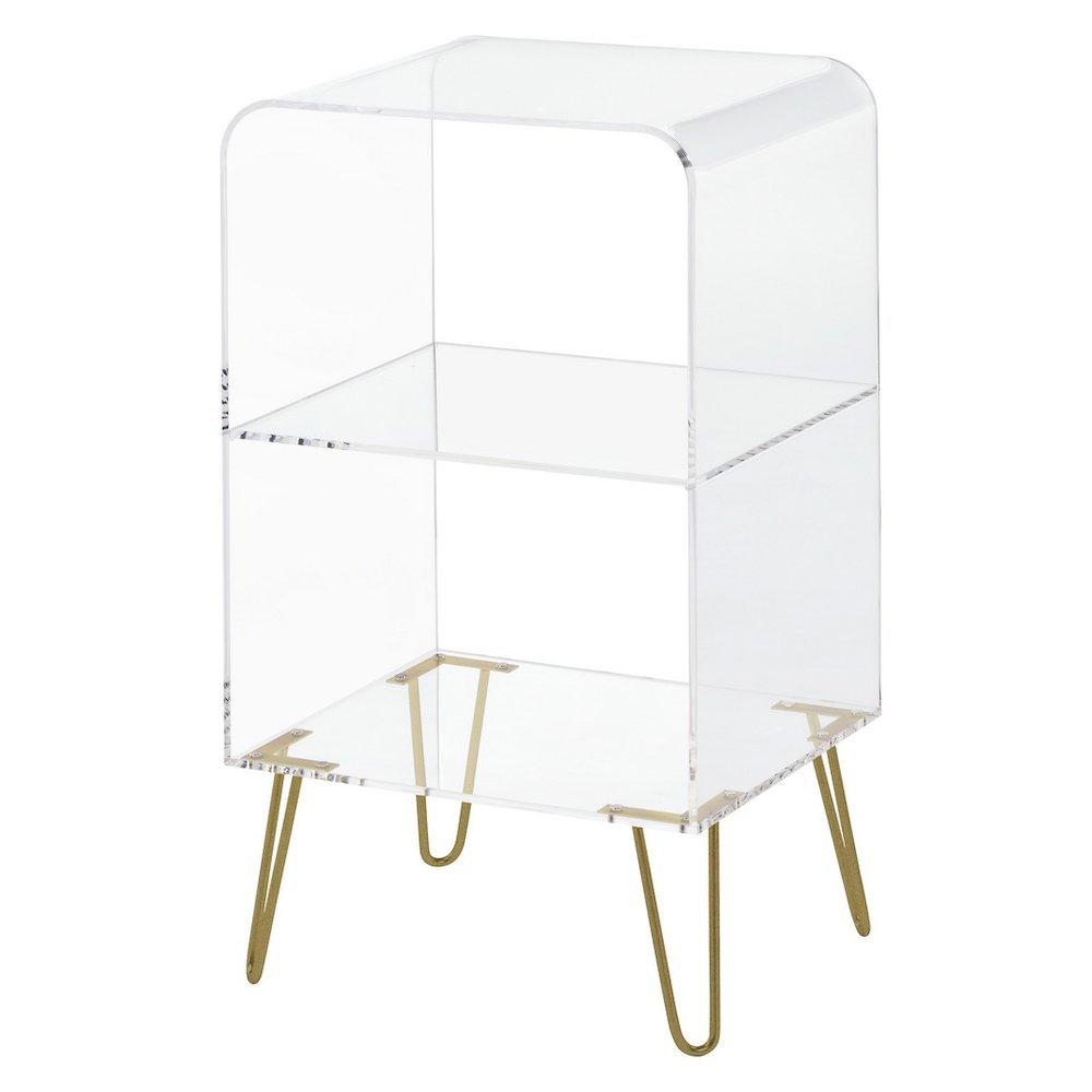 Gold Lucite Acrylic 2-Tier Open Bookshelf Hairpin Legs. Picture 1