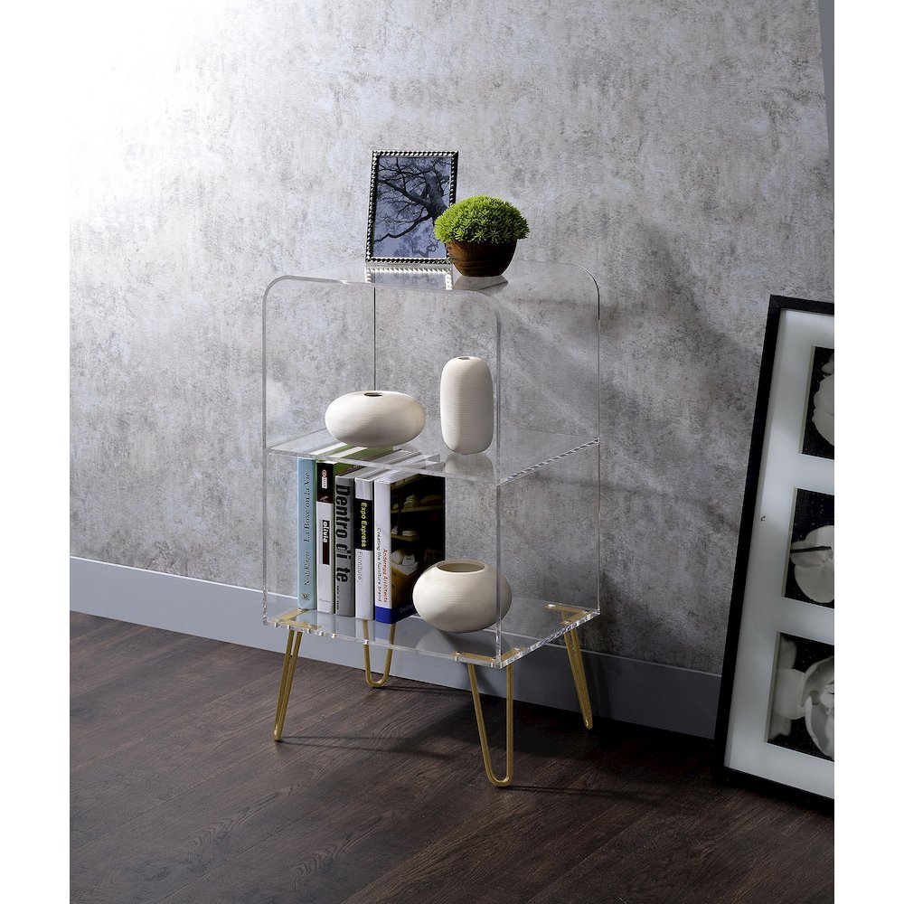 Gold Lucite Acrylic 2-Tier Open Bookshelf Hairpin Legs. Picture 2