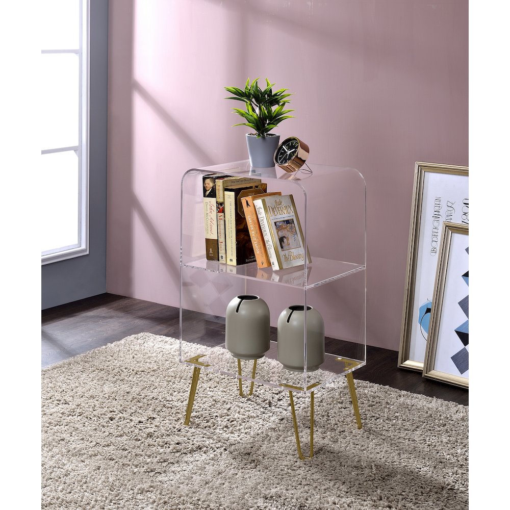 Gold Lucite Acrylic 2-Tier Open Bookshelf Hairpin Legs. Picture 3