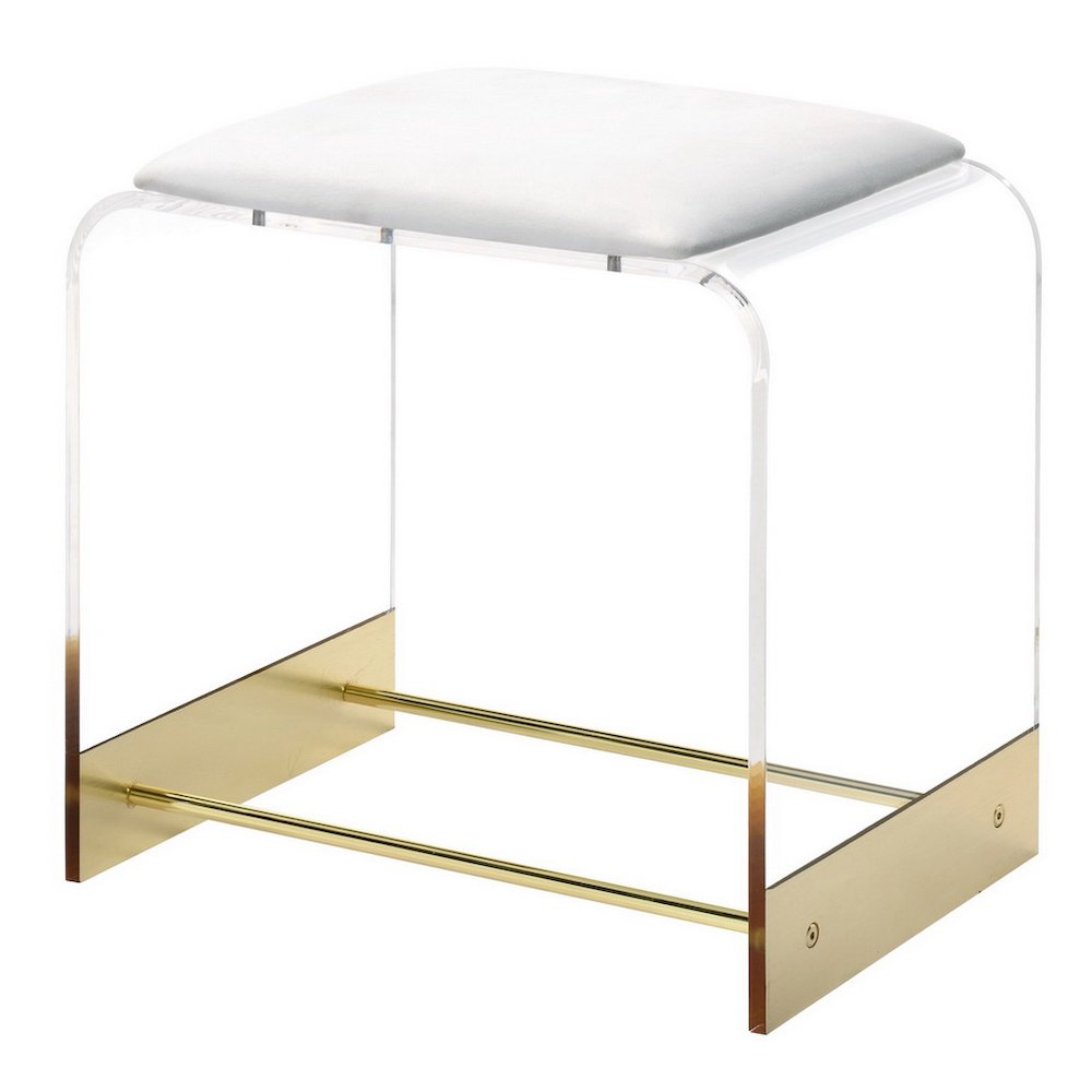 Gold Lucite Acrylic Vanity Stool Compact Glam Seat. Picture 1