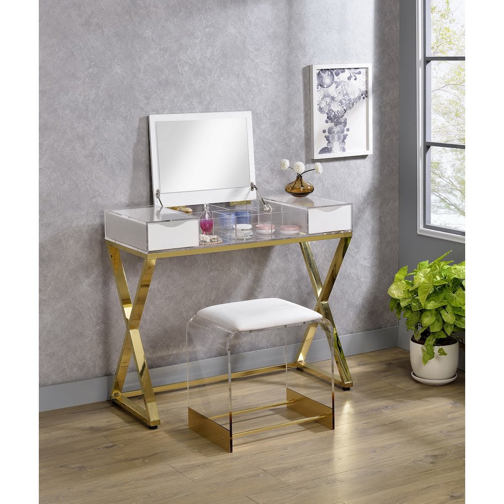 Gold Lucite Acrylic Vanity Stool Compact Glam Seat. Picture 3