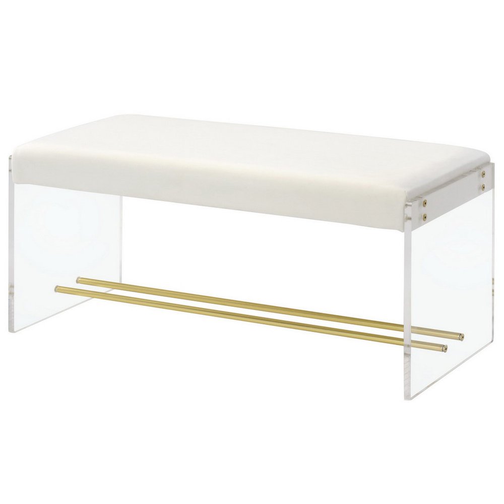 Gold Lucite Acrylic Vanity Stool Bench Cushioned Seat. Picture 1
