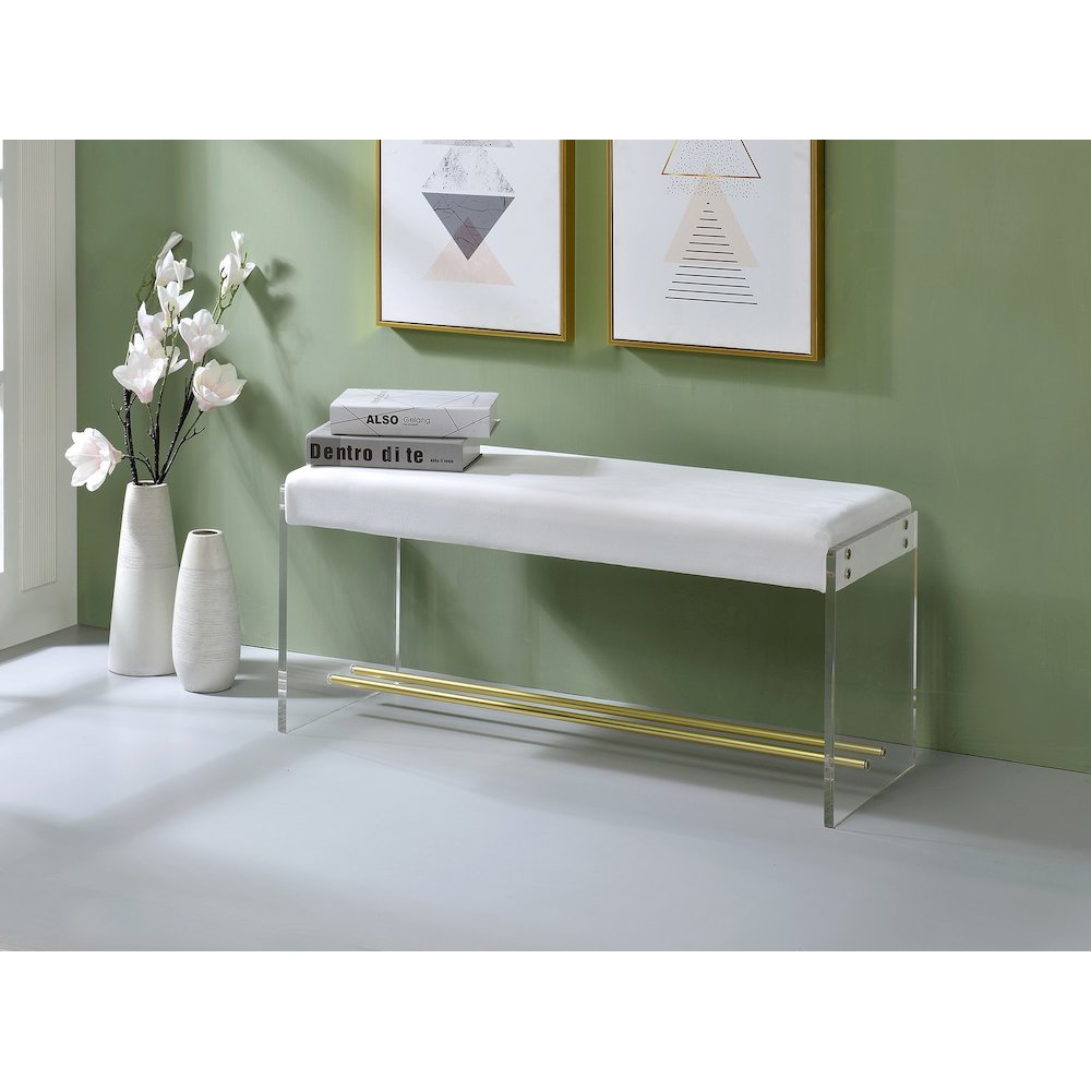 Gold Lucite Acrylic Vanity Stool Bench Cushioned Seat. Picture 3
