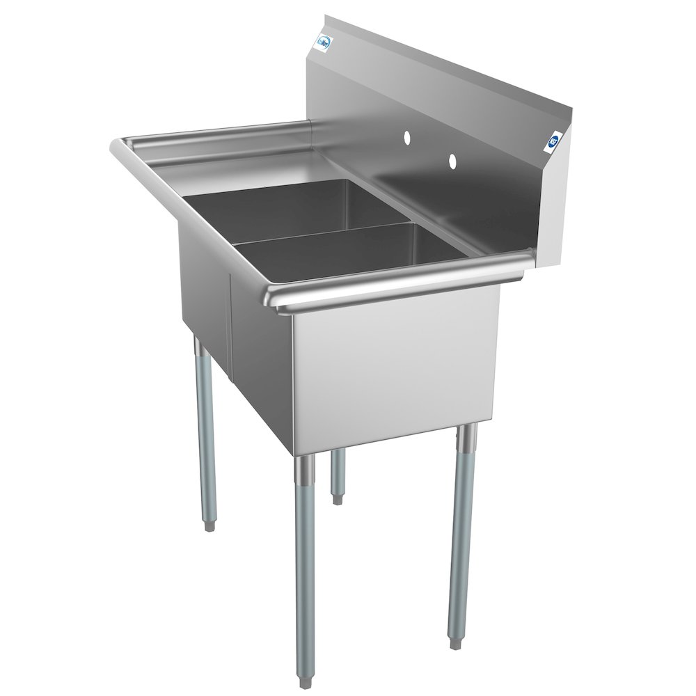 43 in. Two Compartment Sink with Drainboard, Bowl Size 14"x 16"x 11". Picture 1