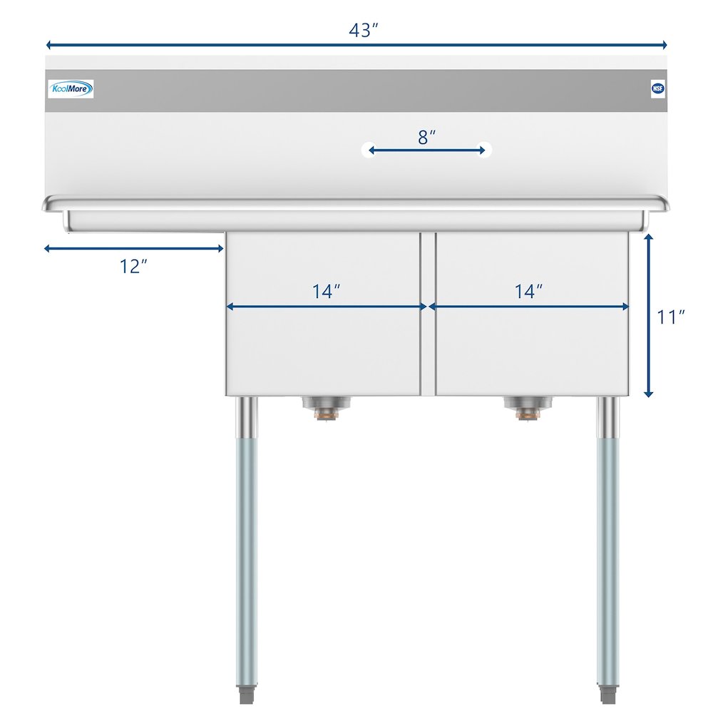 43 in. Two Compartment Sink with Drainboard, Bowl Size 14"x 16"x 11". Picture 6