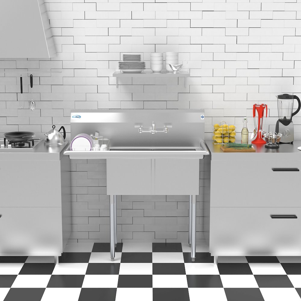 43 in. Two Compartment Sink with Drainboard, Bowl Size 14"x 16"x 11". Picture 9