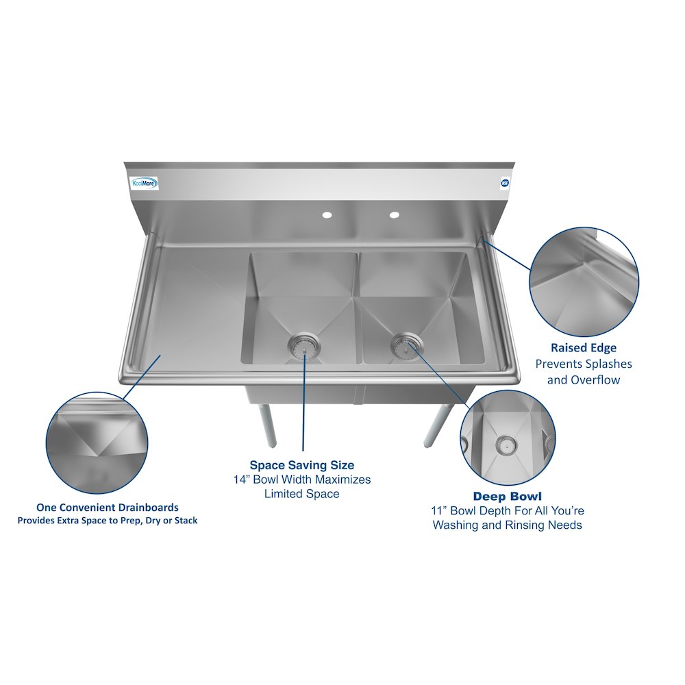 43 in. Two Compartment Sink with Drainboard, Bowl Size 14"x 16"x 11". Picture 11