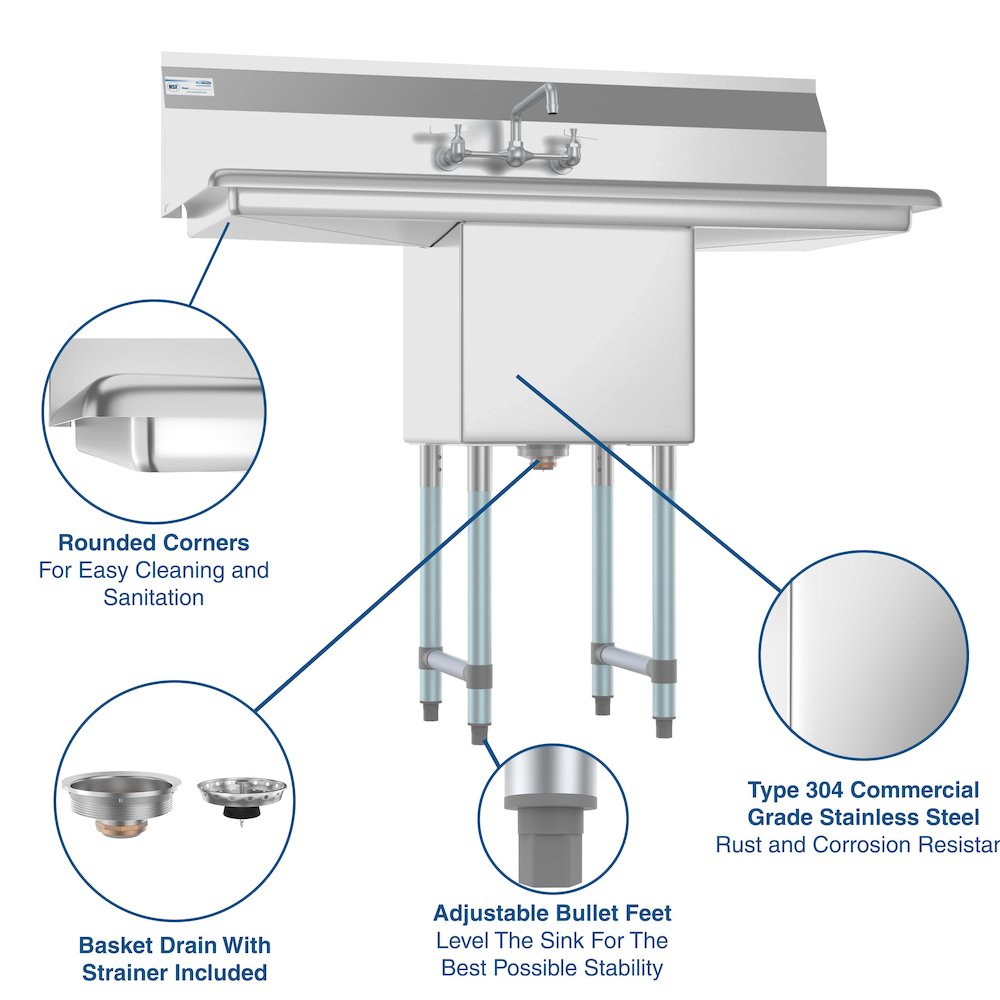 45 in. One compartment Sink with Drainboards and Faucet, Bowl Size 15"x 15"x 12". Picture 10