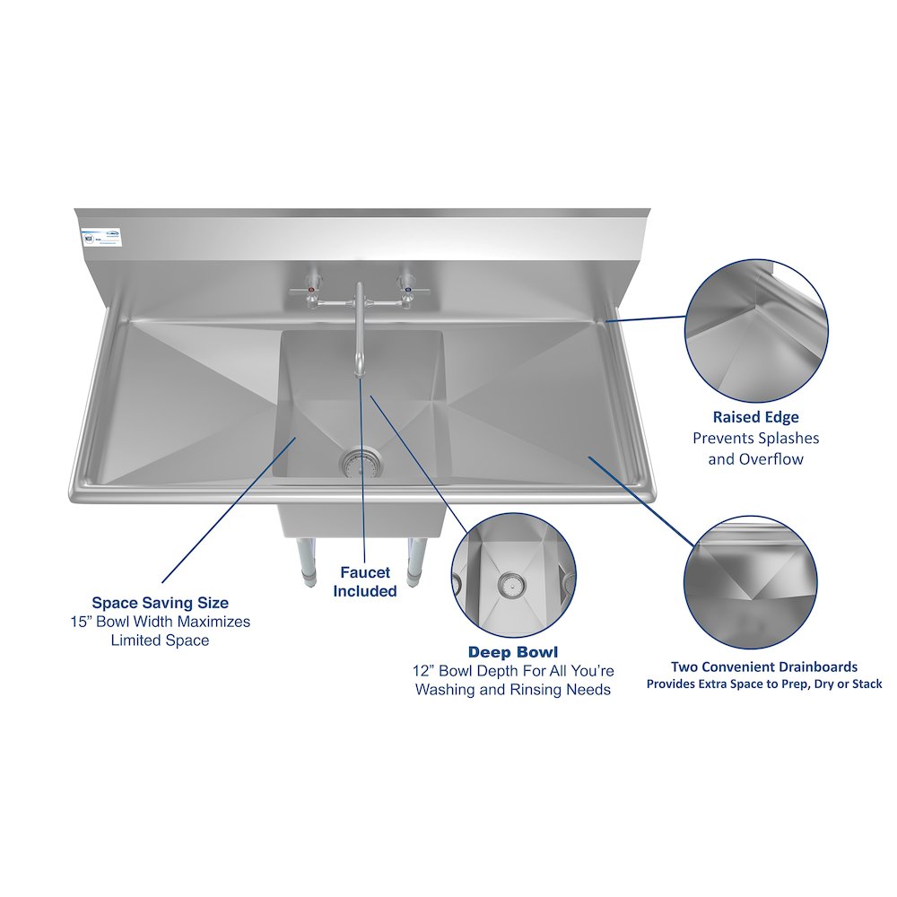 45 in. One compartment Sink with Drainboards and Faucet, Bowl Size 15"x 15"x 12". Picture 11