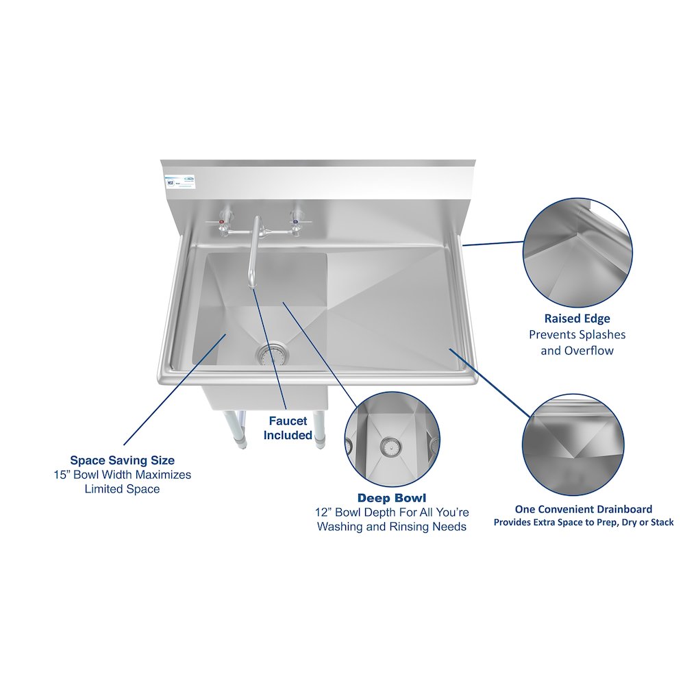 33 in. One Compartment Sink with Drainboard, Bowl Size 15"x 15"x 12". Picture 11