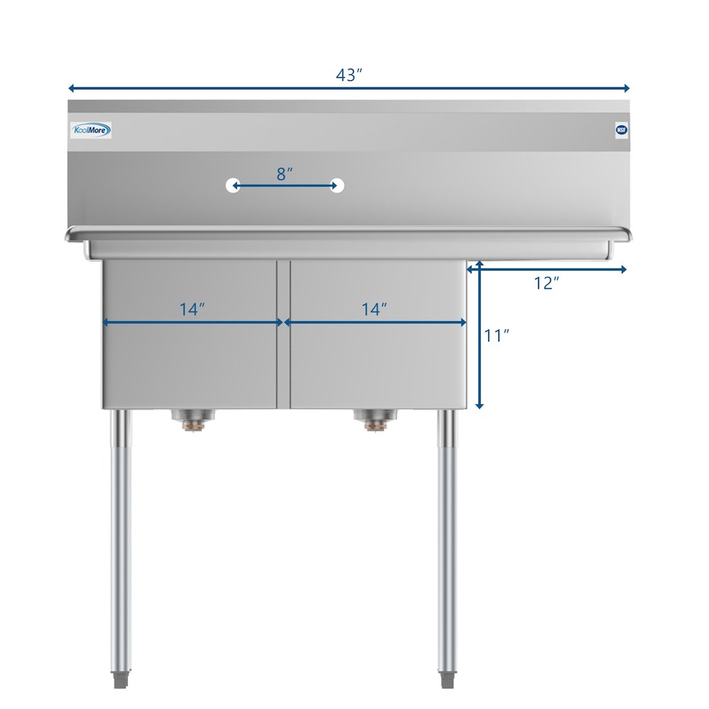 43 in. Two Compartment Sink with Drainboard, Bowl Size 14"x 16"x 11". Picture 8