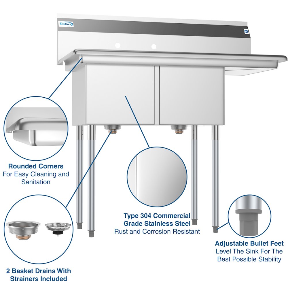 43 in. Two Compartment Sink with Drainboard, Bowl Size 14"x 16"x 11". Picture 9