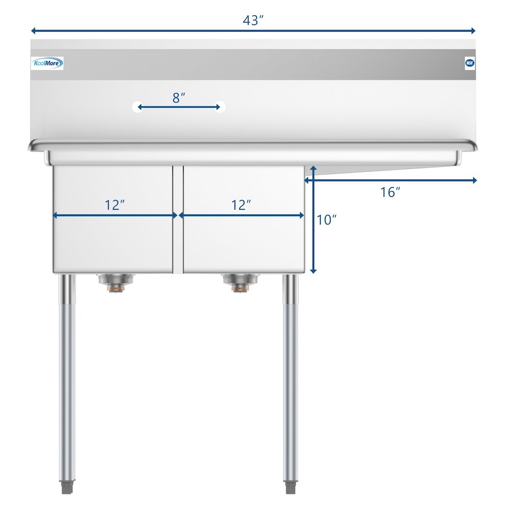 43 in. Two Compartment Sink with Drainboard, Bowl Size 12"x 16"x 10". Picture 11