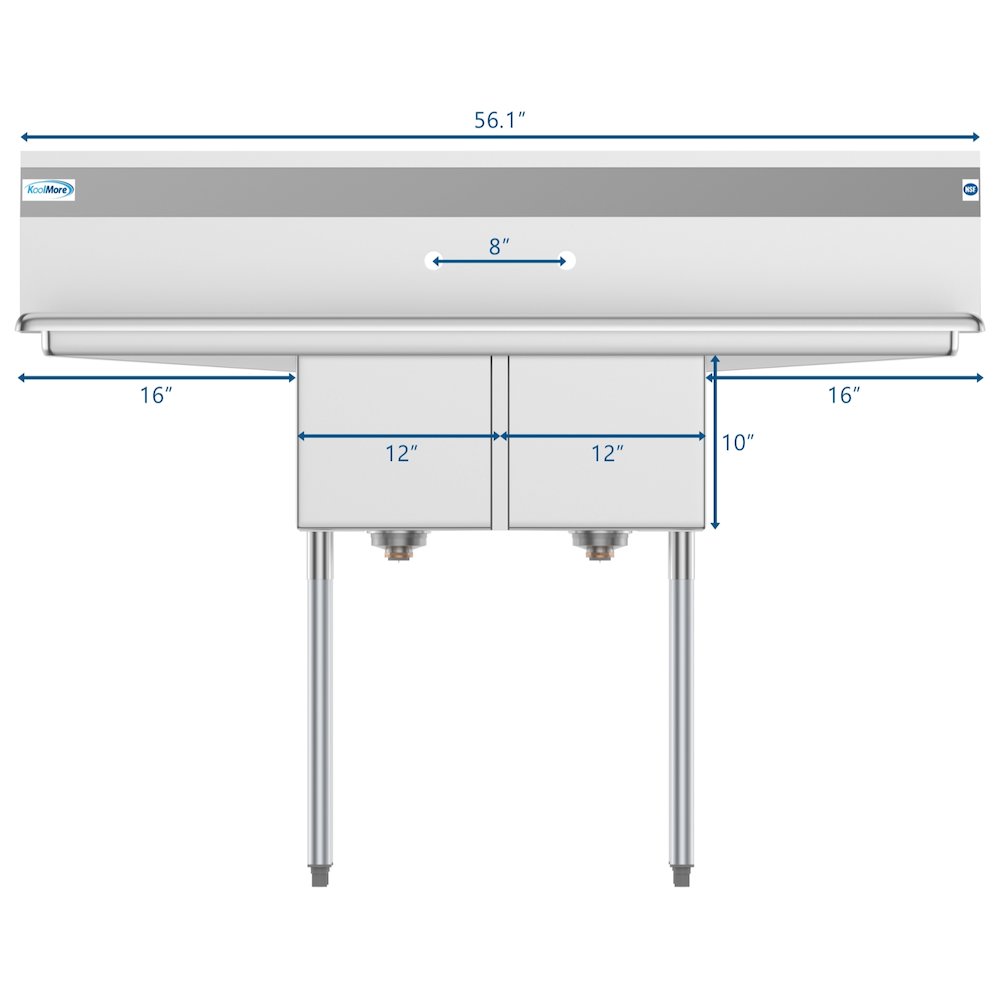 56 in. Two Compartment Sink with 2 Drainboards, Bowl Size 12"x 16"x 10". Picture 10
