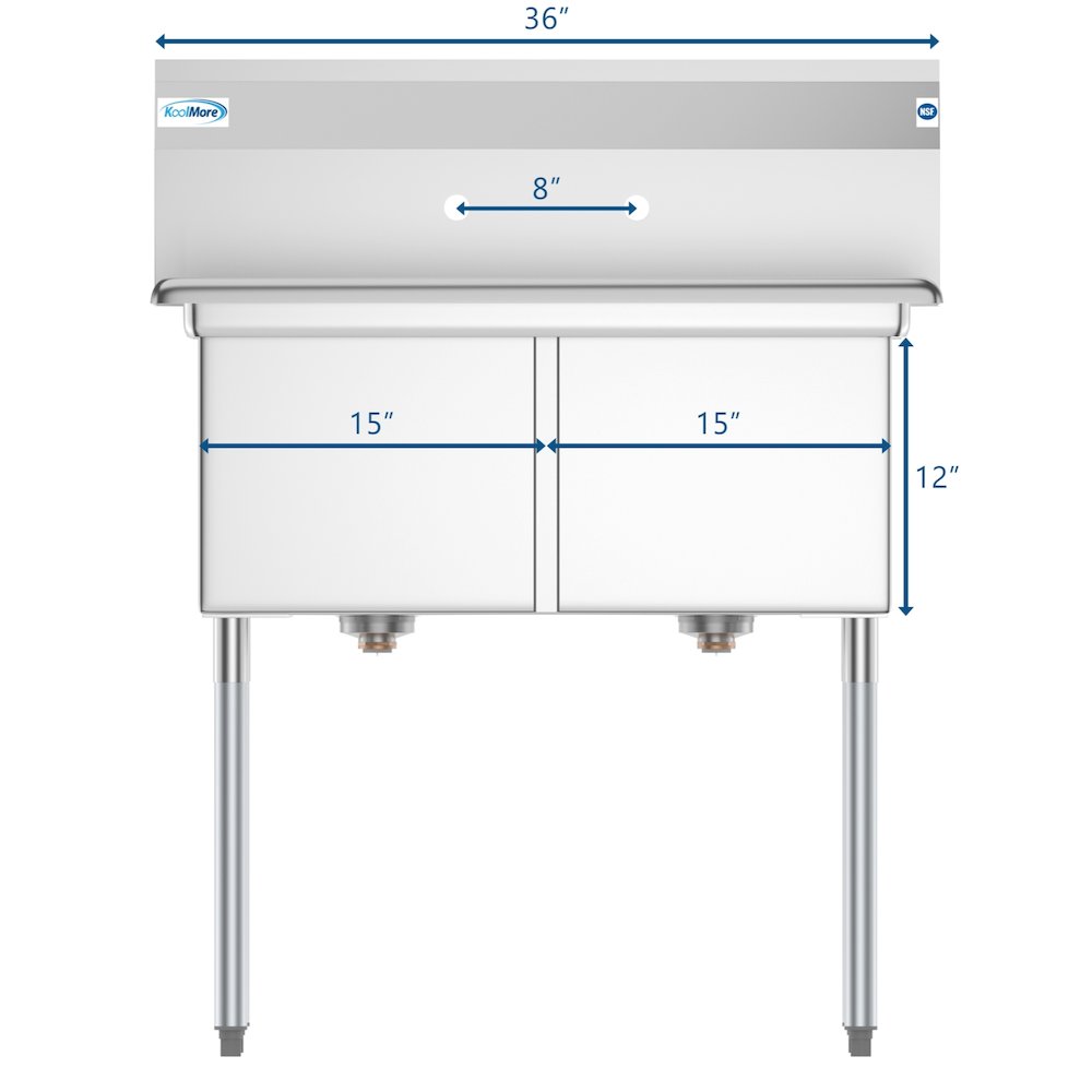 36 in. Two Compartment Stainless Steel Commercial Sink, Bowl Size 15"x 15"x 12". Picture 9