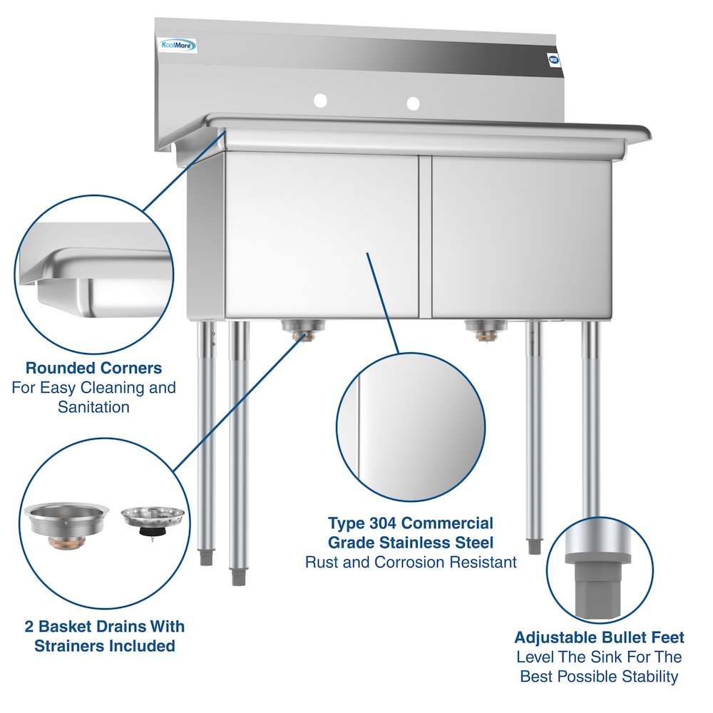 36 in. Two Compartment Stainless Steel Commercial Sink, Bowl Size 15"x 15"x 12". Picture 11