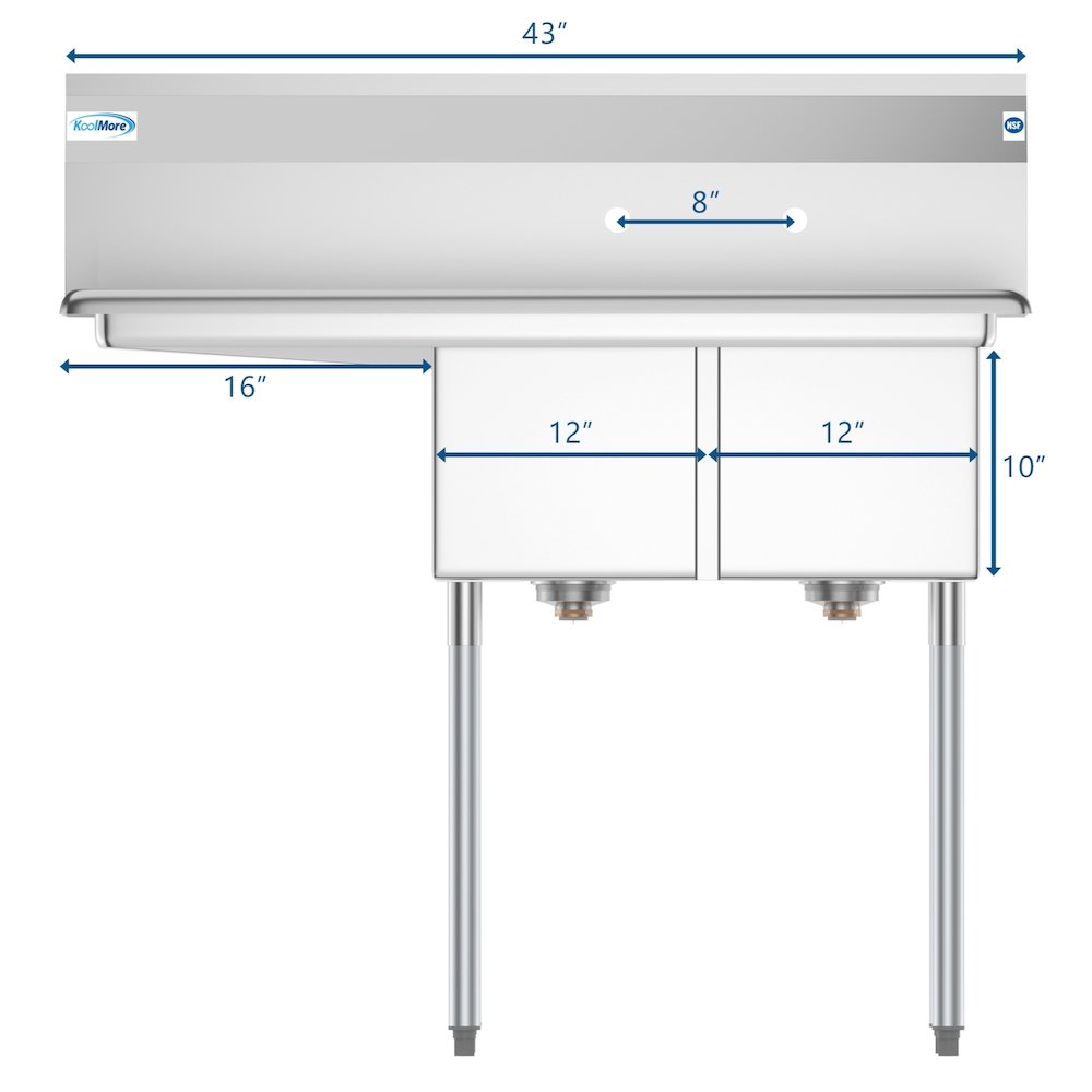 43 in. Two Compartment Sink with Drainboard, Bowl Size 12"x 16"x 10". Picture 9