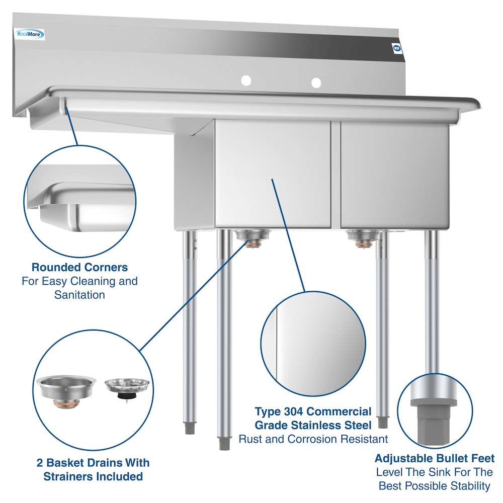 43 in. Two Compartment Sink with Drainboard, Bowl Size 12"x 16"x 10". Picture 10