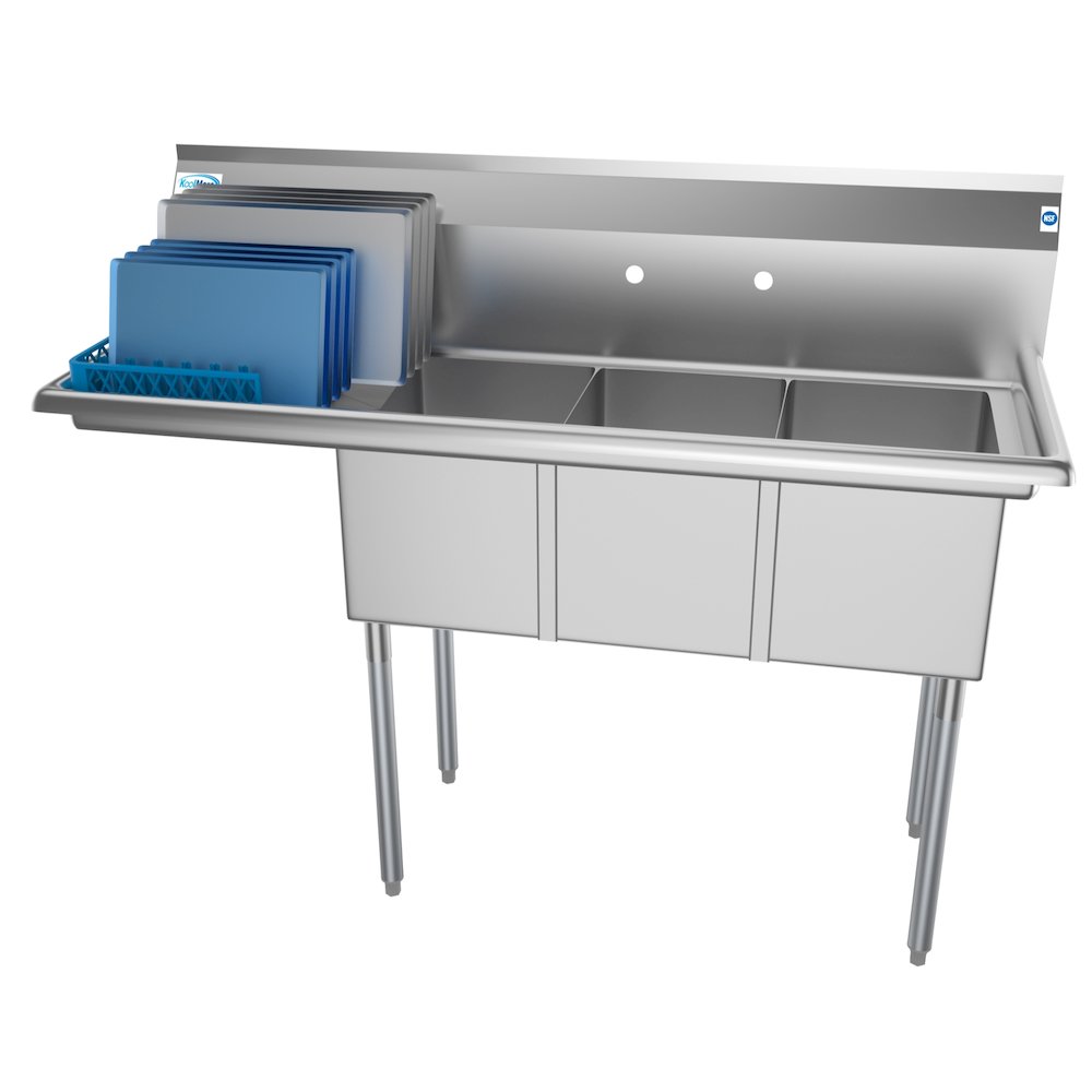 55 in. Three Compartment Sink with Drainboard, Bowl Size 12"x 16"x 10". Picture 3