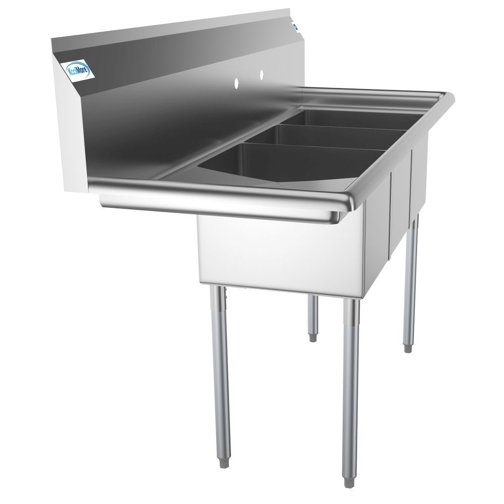 55 in. Three Compartment Sink with Drainboard, Bowl Size 12"x 16"x 10". Picture 1